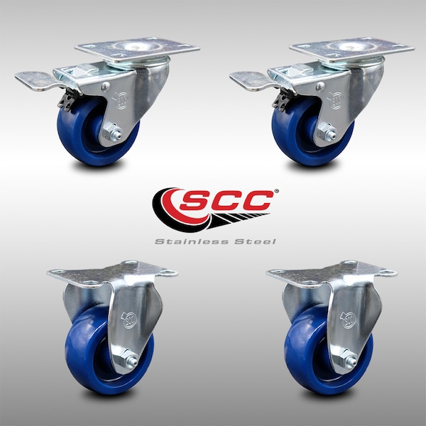 3.5 Inch SS Solid Polyurethane Top Plate Caster Lock Brake 2 Rigid SCC, 2PK